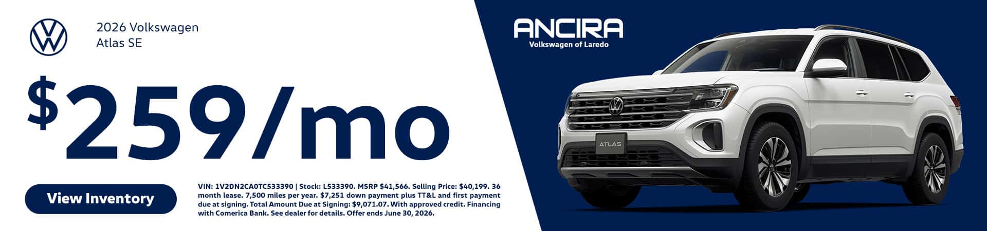 Promotional banner for Ancira Volkswagen of Laredo featuring a white 2026 Volkswagen Atlas SE SUV. The text prominently displays a lease offer of "$259/mo".