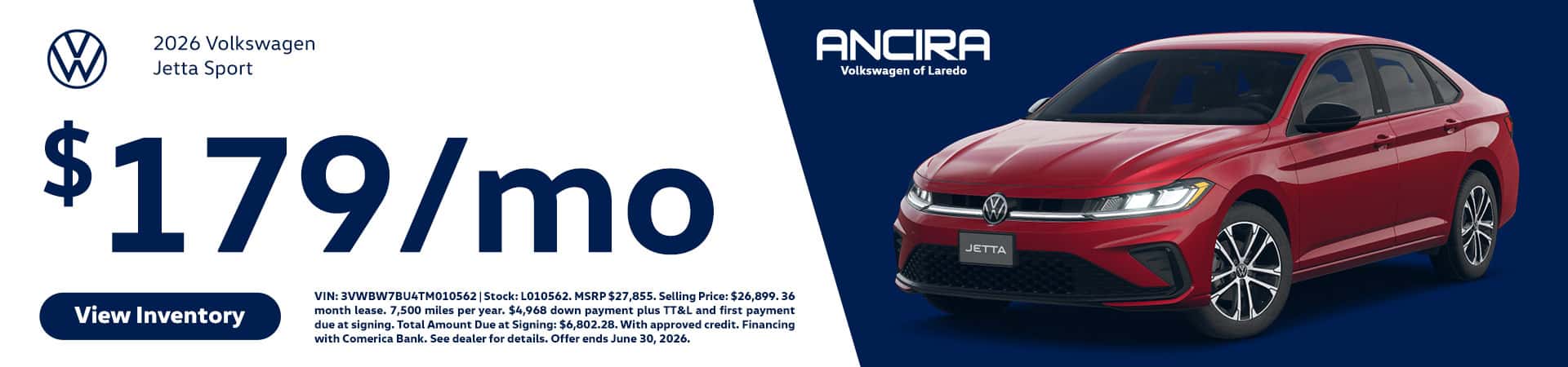 Promotional banner for Ancira Volkswagen of Laredo featuring a red 2026 Volkswagen Jetta Sport. The text prominently displays a lease offer of "$179/mo".
