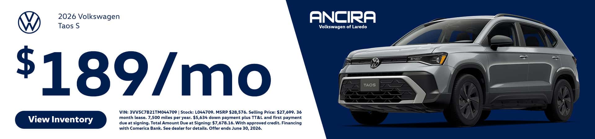 Promotional banner for Ancira Volkswagen of Laredo featuring a grey 2026 Volkswagen Taos S. The text prominently displays a lease offer of "$189/mo".