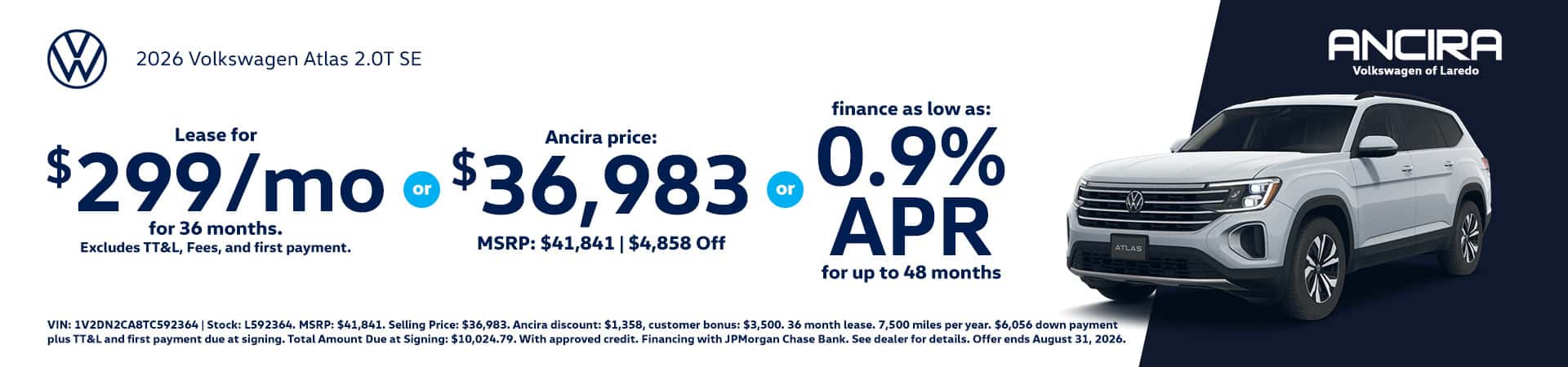 Promotional banner for Ancira Volkswagen of Laredo featuring a 2026 Volkswagen Atlas SE SUV.