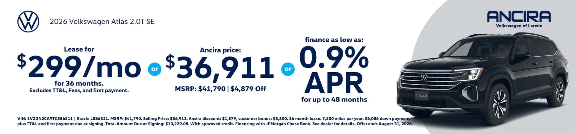 Promotional banner for Ancira Volkswagen of Laredo featuring a 2026 Volkswagen Atlas SE SUV.