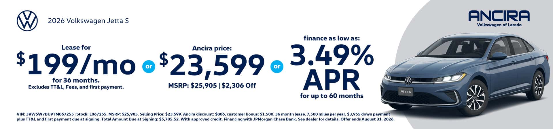 Promotional banner for Ancira Volkswagen of Laredo featuring a 2026 Volkswagen Jetta S.