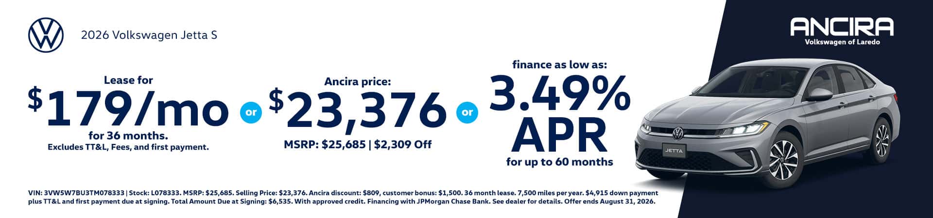 Promotional banner for Ancira Volkswagen of Laredo featuring a 2026 Volkswagen Jetta S.