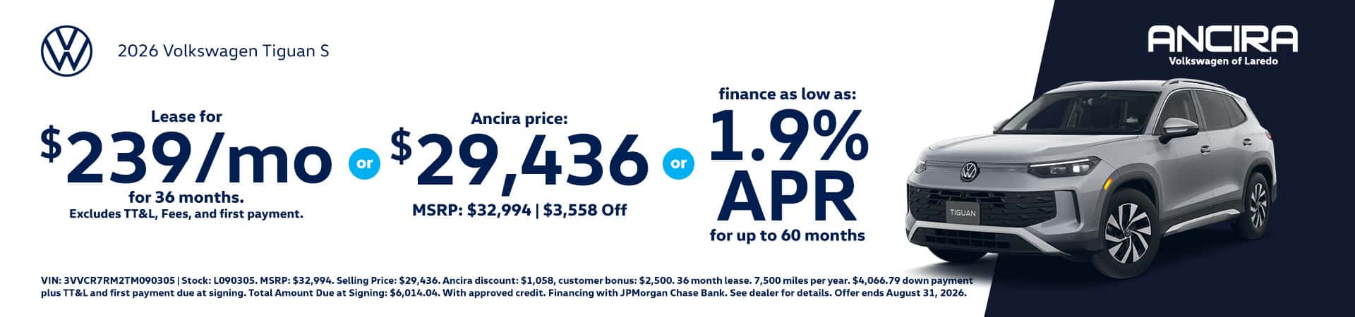 Promotional banner for Ancira Volkswagen of Laredo featuring a 2026 Volkswagen Tiguan S SUV.