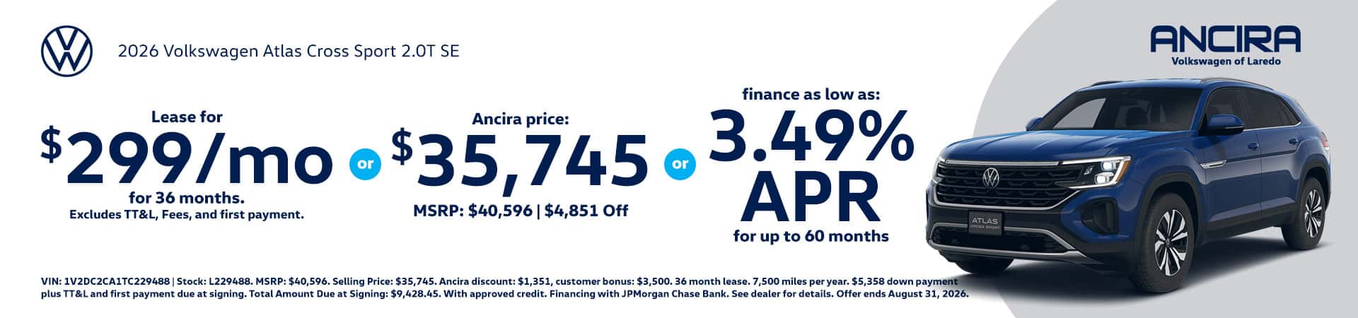 Promotional banner for Ancira Volkswagen of Laredo featuring a 2026 Volkswagen Atlas Cross Sport SUV.