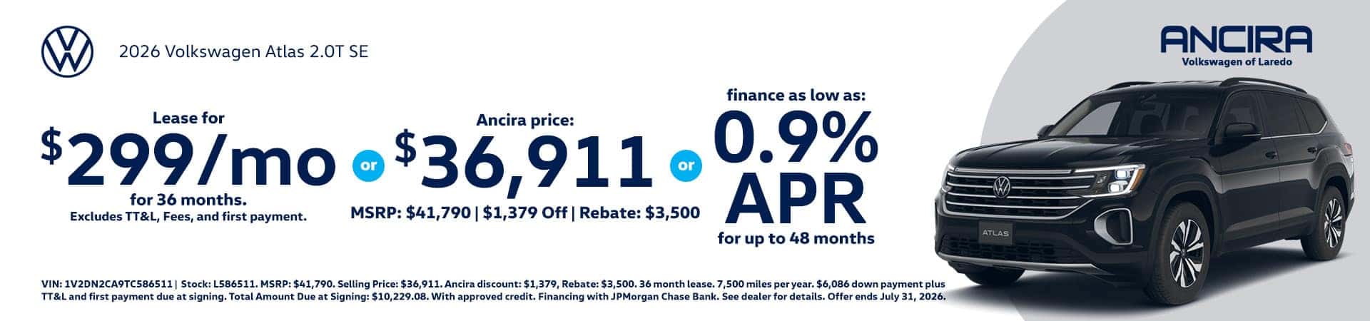 Promotional banner for Ancira Volkswagen of Laredo featuring a 2026 Volkswagen Atlas SE SUV.