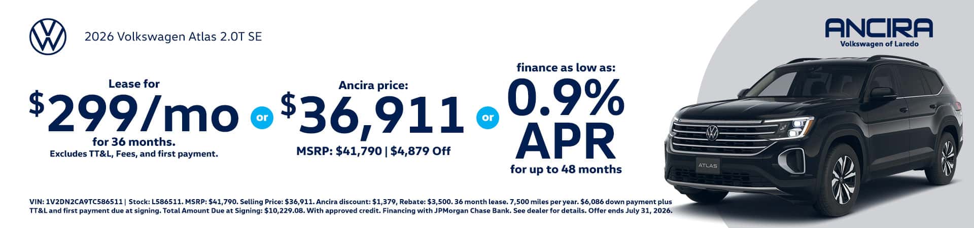 Promotional banner for Ancira Volkswagen of Laredo featuring a 2026 Volkswagen Atlas SE SUV.