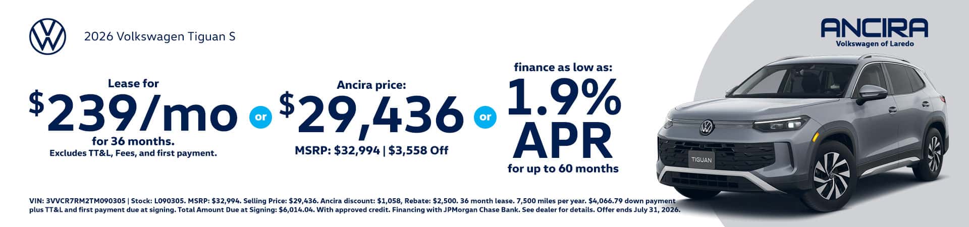 Promotional banner for Ancira Volkswagen of Laredo featuring a 2026 Volkswagen Tiguan S SUV.