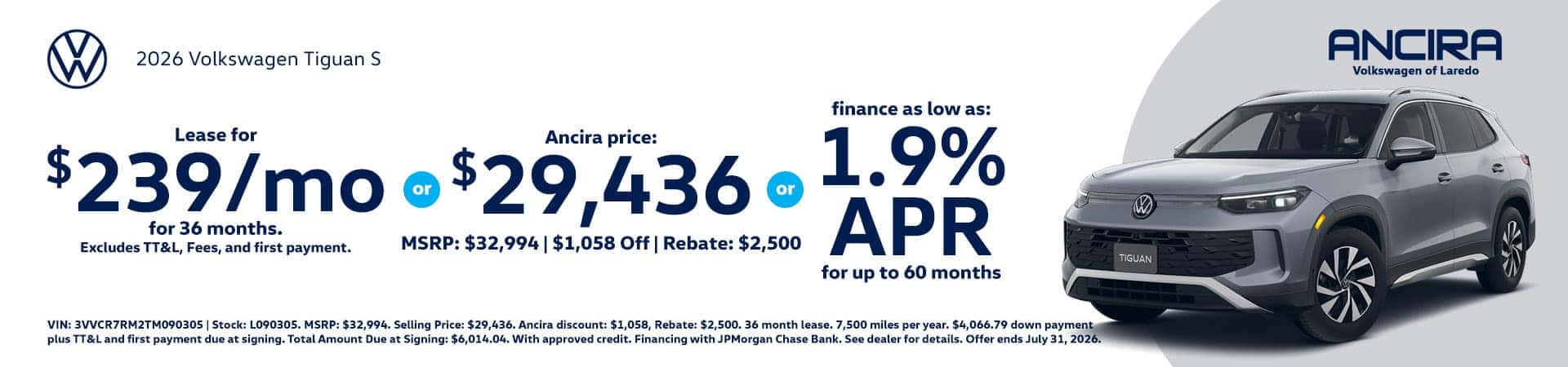 Promotional banner for Ancira Volkswagen of Laredo featuring a 2026 Volkswagen Tiguan S SUV.