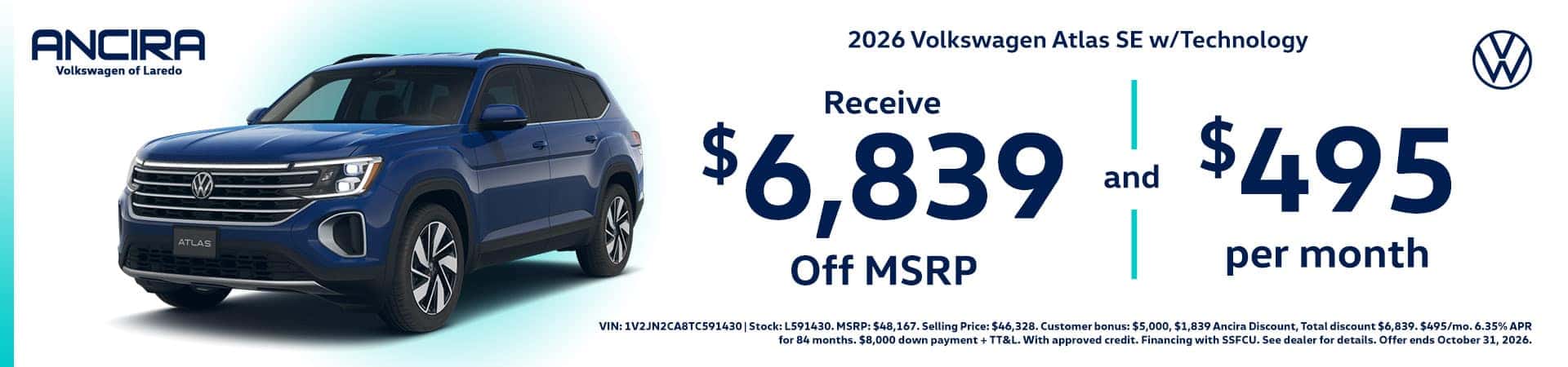 Promotional banner for Ancira Volkswagen of Laredo featuring a 2026 Volkswagen Atlas SE tech.