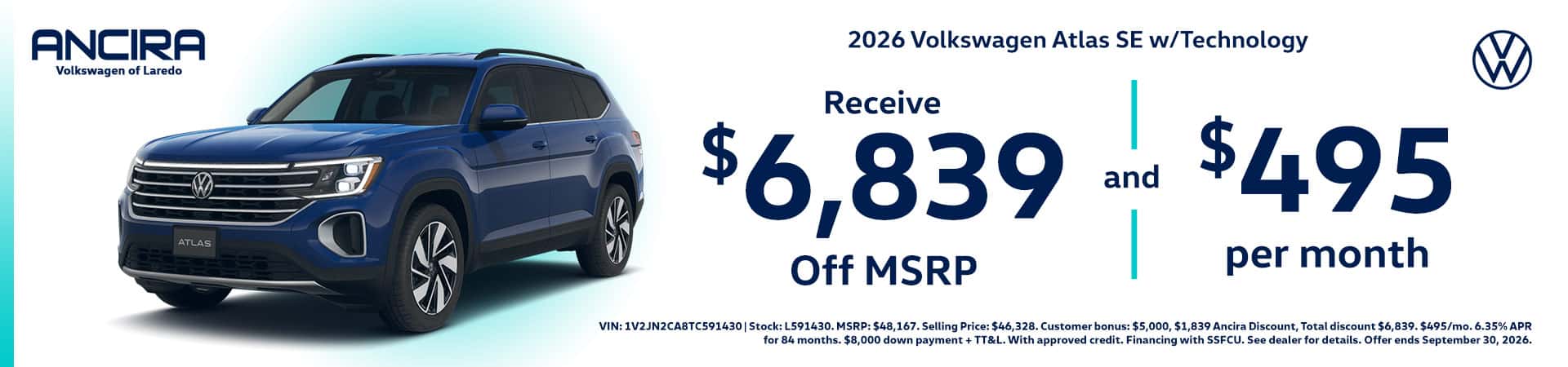 Promotional banner for Ancira Volkswagen of Laredo featuring a 2026 Volkswagen Atlas SE tech.