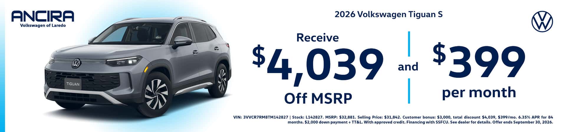 Promotional banner for Ancira Volkswagen of Laredo featuring a 2026 Volkswagen Tiguan S