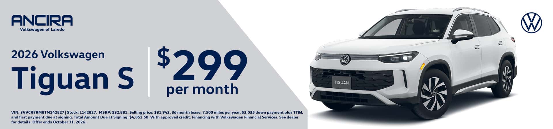 Promotional banner for Ancira Volkswagen of Laredo featuring a 2026 Volkswagen Tiguan S