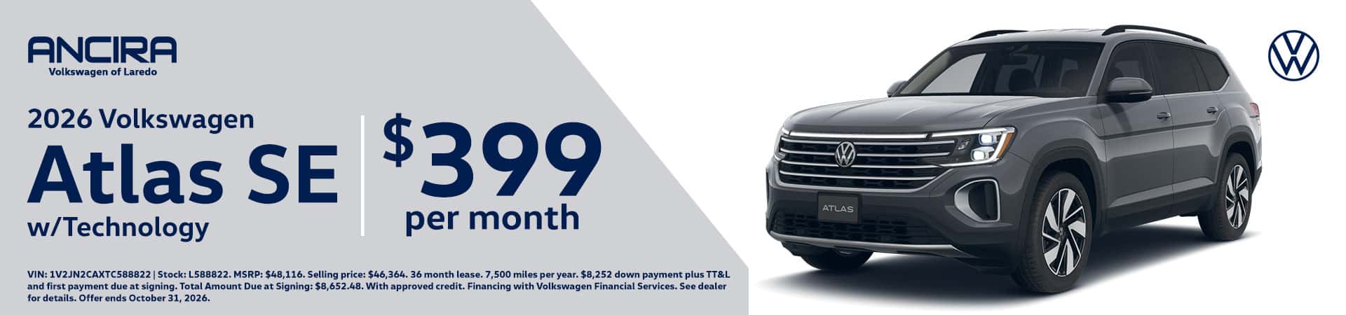 Promotional banner for Ancira Volkswagen of Laredo featuring a 2026 Volkswagen Atlas SE tech.