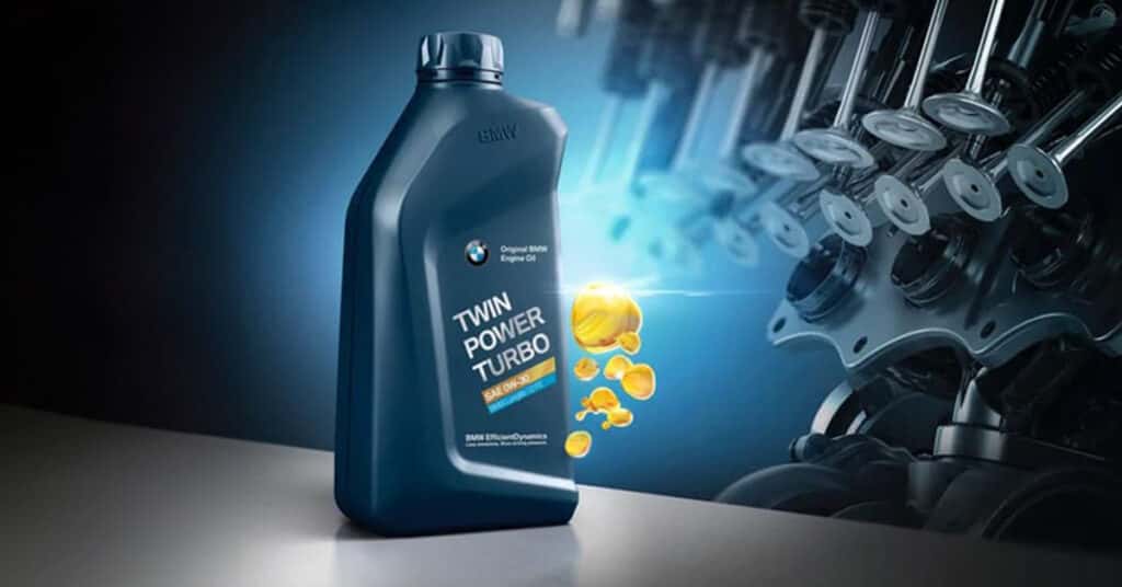 Oil bottle with a label displaying BMW oil type