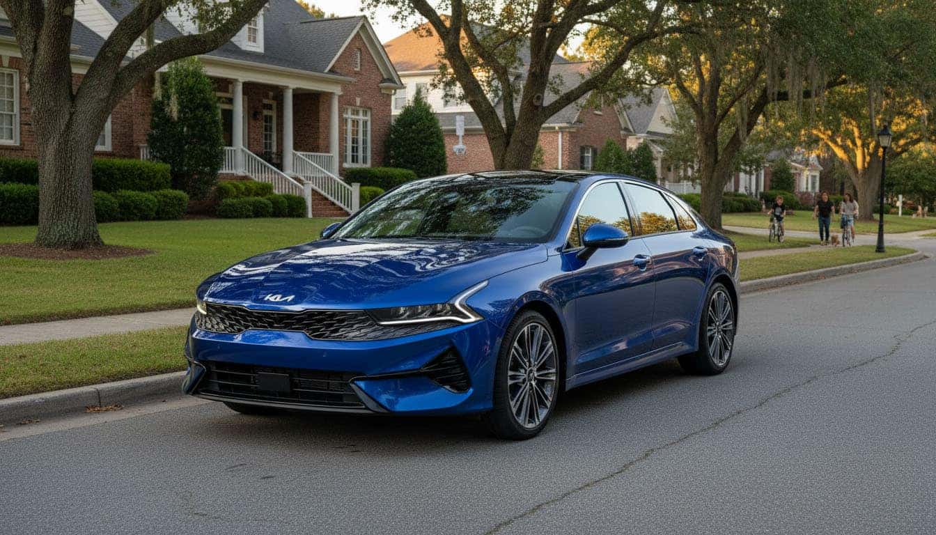 A sleek, modern 2026 Kia K5 in a metallic deep blue in NC neighborhood