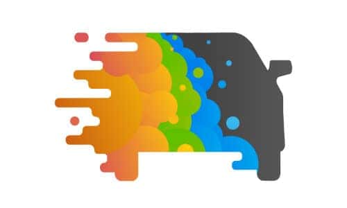 black car cartoon splashes with blue, green, and orange paint