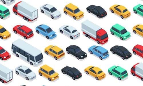 a wallpaper pattern of different colored cars, trucks, vans, buses, and more