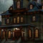 an old, broken down, and decrepit manor haunted house framed by a giant, bright, white full moon for Halloween season