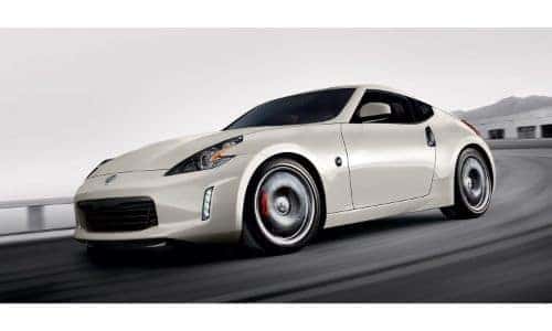 2020 Nissan 370Z exterior shot with white beige paint color in a black and white background