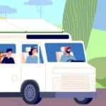a painting of a family going on a road trip in an RV with bikes and luggage strapped to the top of the vehicle