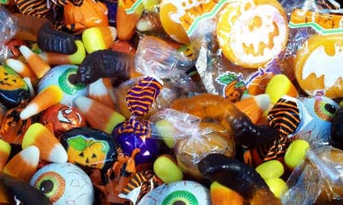 a bundle assortment of colorful Halloween candy