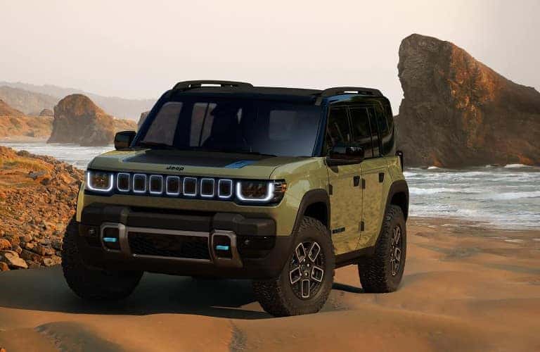 Jeep EV front view on a beach