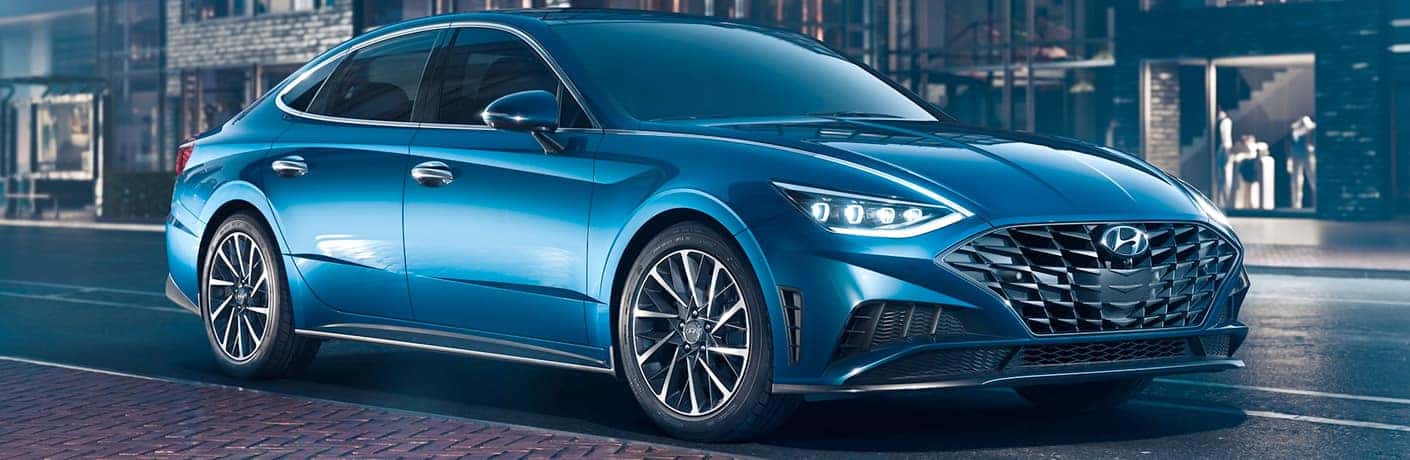 2020 Hyundai Sonata front and side view in blue