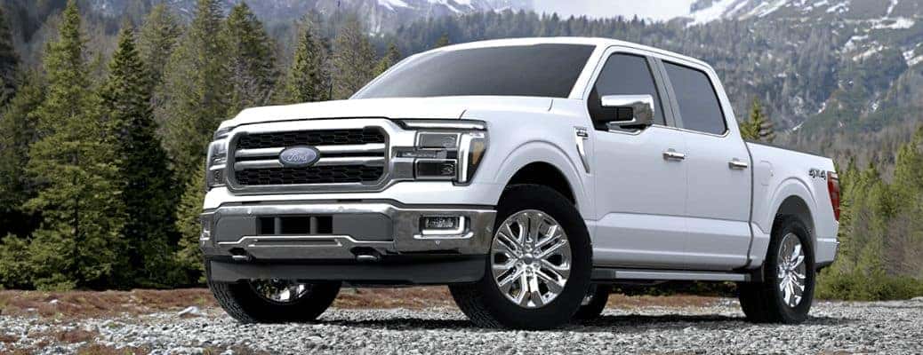 2024 Ford F-150 white truck front and side view
