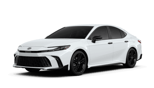 2026 Toyota Camry Hybrid Nightshade in Ice Cap, shown in a three-quarter front driver-side view.