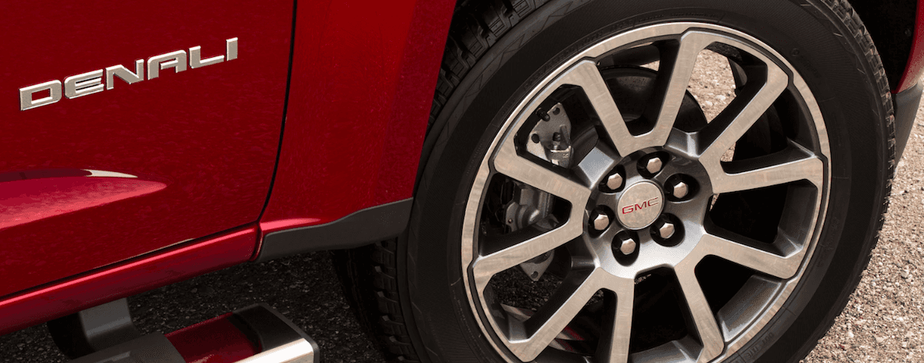 Closeup of red 2019 GMC Canyon Denali wheel