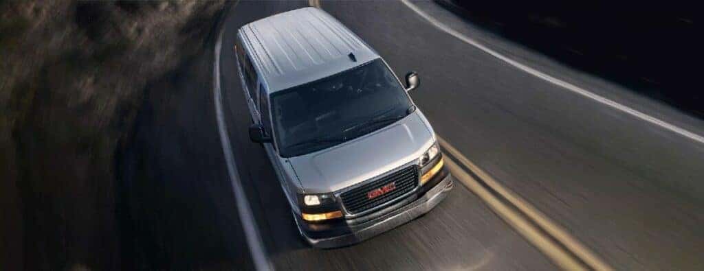 overhead view of GMC van on a road