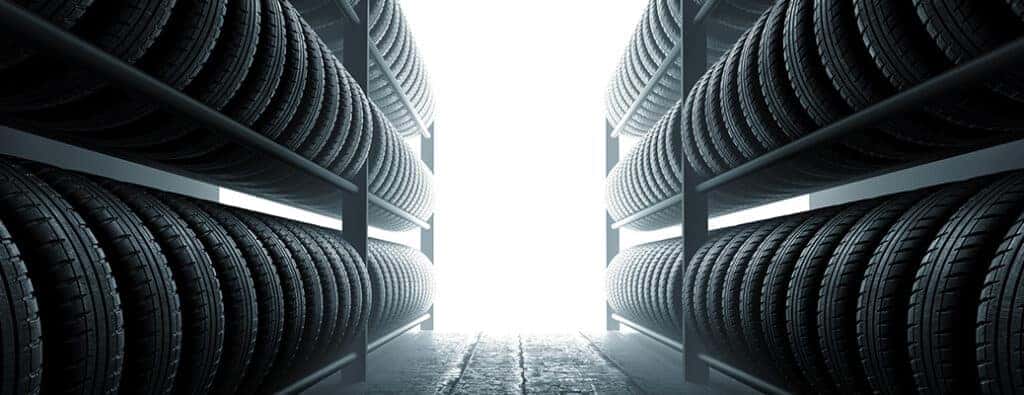 two rows of tires with a light in between