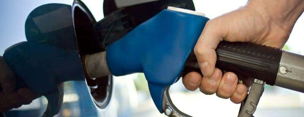 a hand holding a blue gas pump