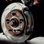 The brakes of a vehicle at a service center close up