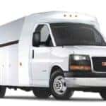 GMC Utility bed truck with a white background