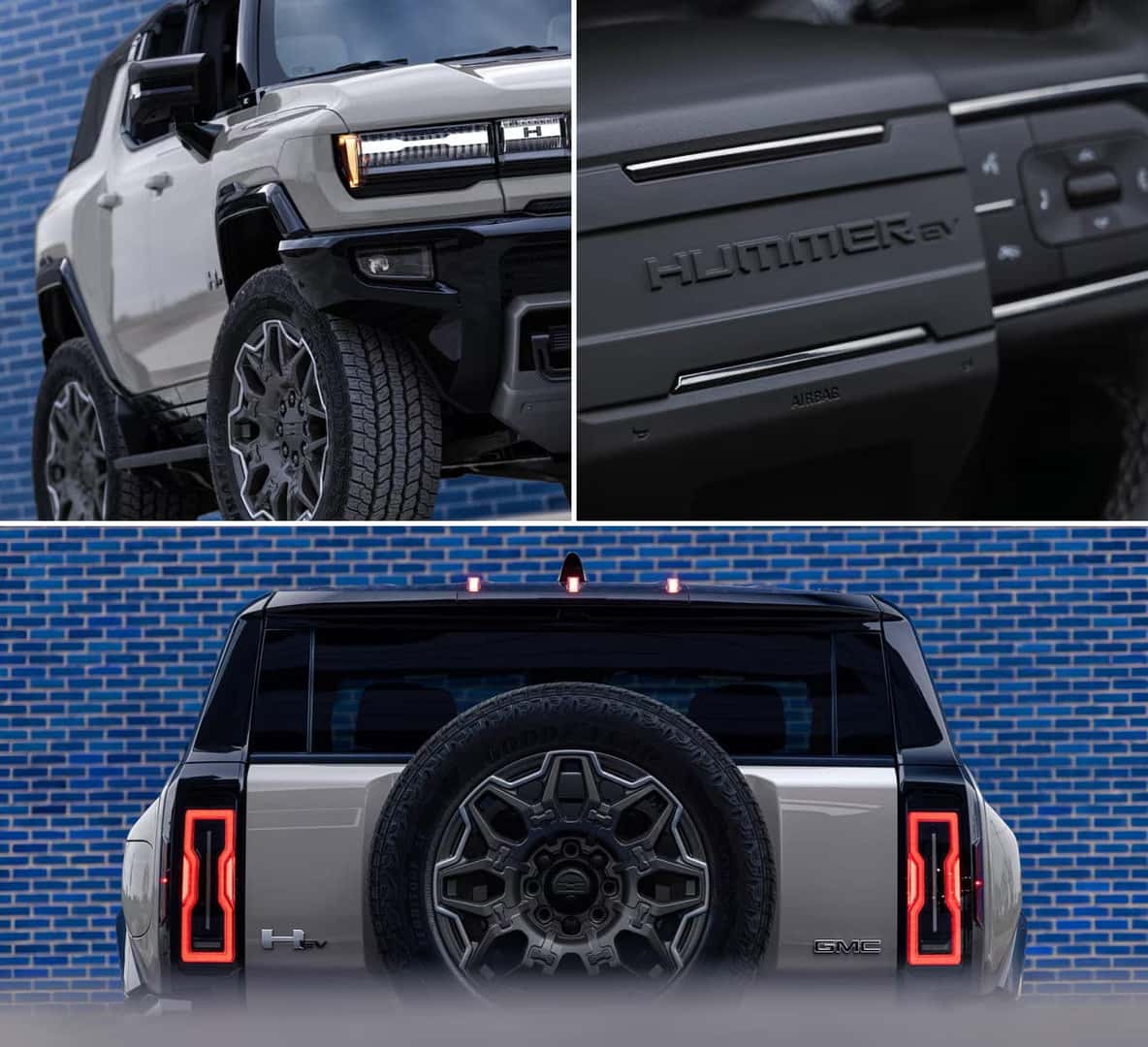 A collage of a 2026 GMC Hummer EV SUV. Top left shows the front and wheel; top right highlights the dashboard logo; bottom displays the rear with spare tire.