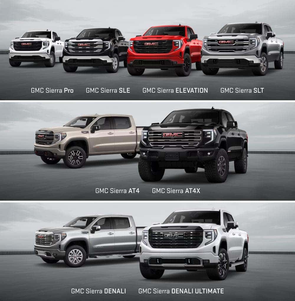 Lineup of eight 2026 GMC Sierra 1500 trucks on a gray background.