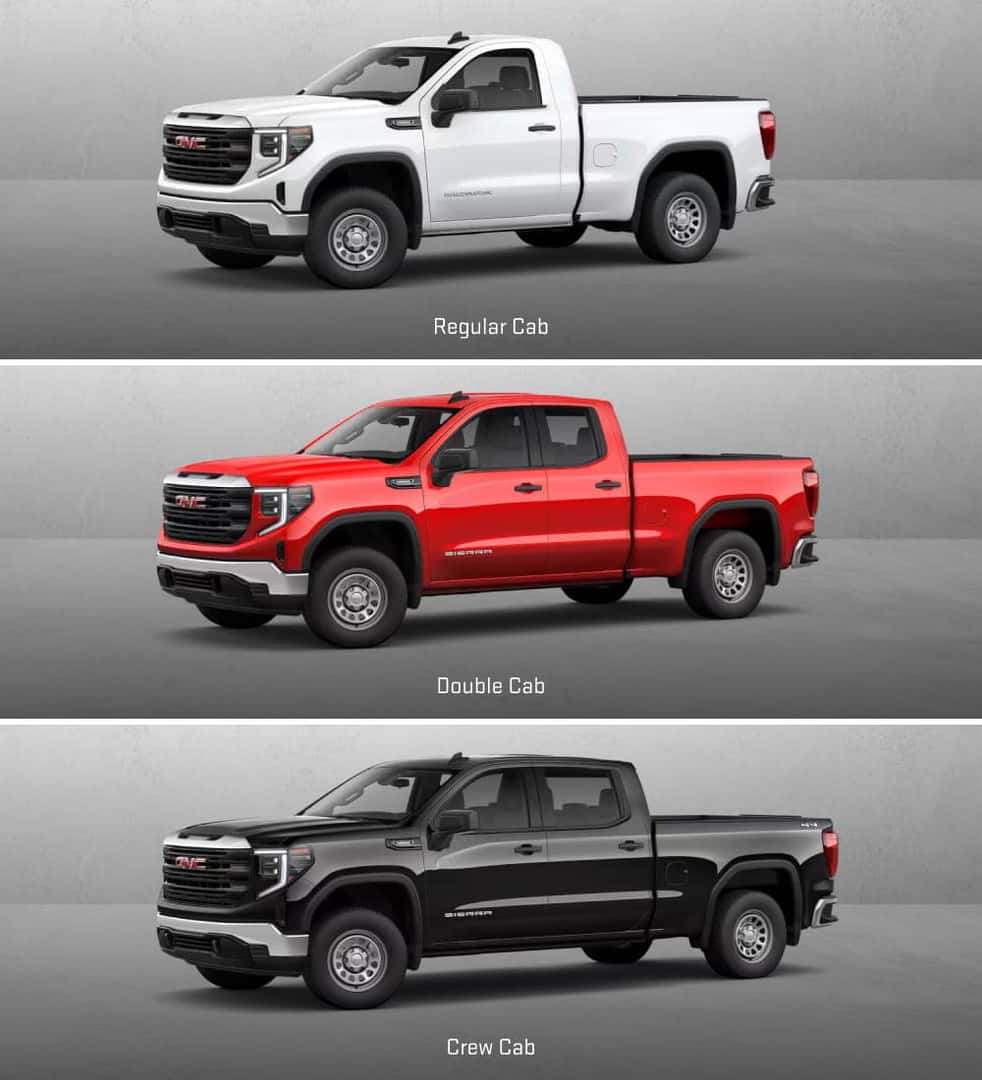 Three 2026 GMC Sierra 1500 are displayed against a gray background showing Regular Cab Double Cab and Crew Cab body styles in different sizes.