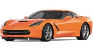 An orange 2019 Chevy Corvette Stingray facing left on white