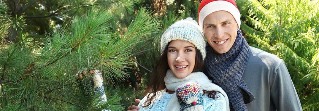 A man and a woman standing next to a pine tree wearing winter hats