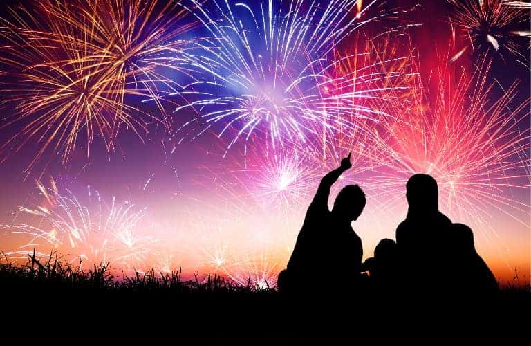 Happy family watching fireworks