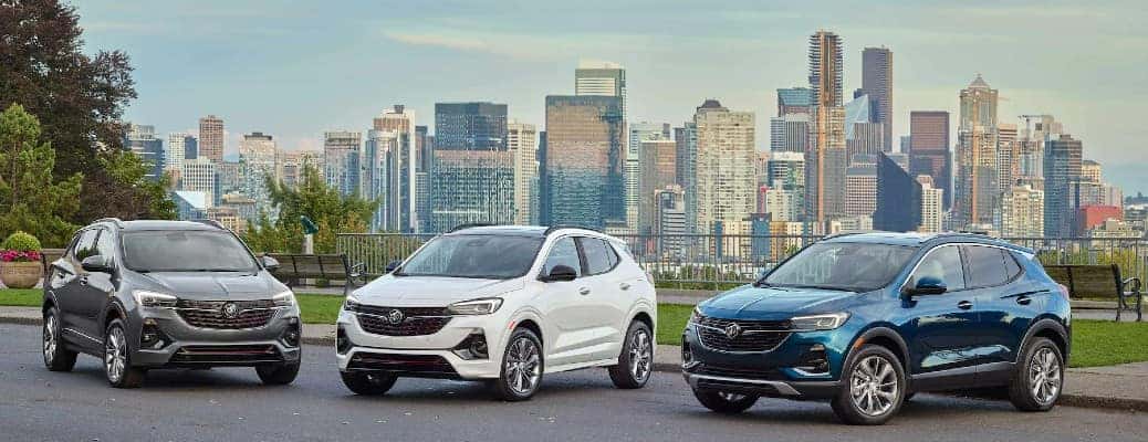 Several new 2023 Buick Encore GX models in different colors.