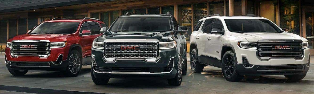 Three different 2023 GMC Acadia models, each of which has excellent comfort and convenience features.