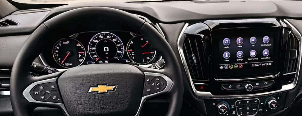 The controls and infotainment system in the 2023 Chevy Traverse.