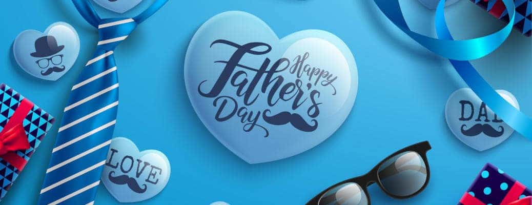 A Father's Day banner with hearts, moustaches, and sunglasses.