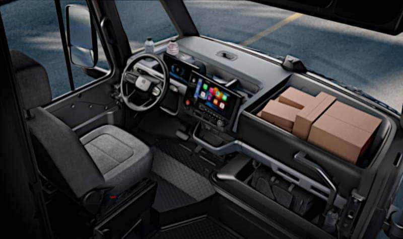 The driver-centric cockpit of the BrightDrop EV delivery van.