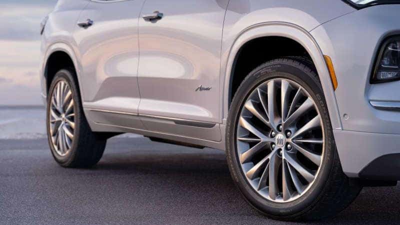 A detail of the luxurious wheels available on the 2025 Buick Enclave.