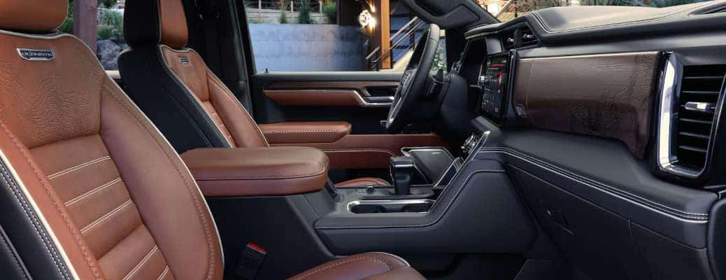 The luxurious seating and other features in the cabin of the 2025 GMC Sierra 1500 Denali Ultimate.