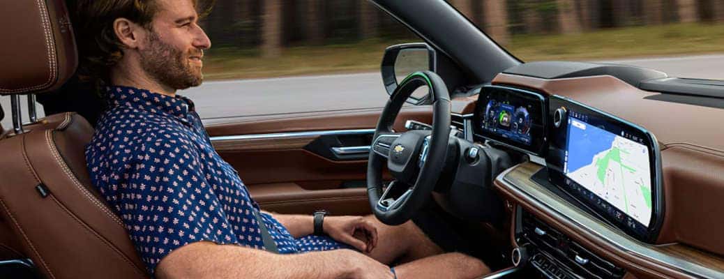 A man using Chevy Super Cruise which is integrated into Chevy Infotainment 3.